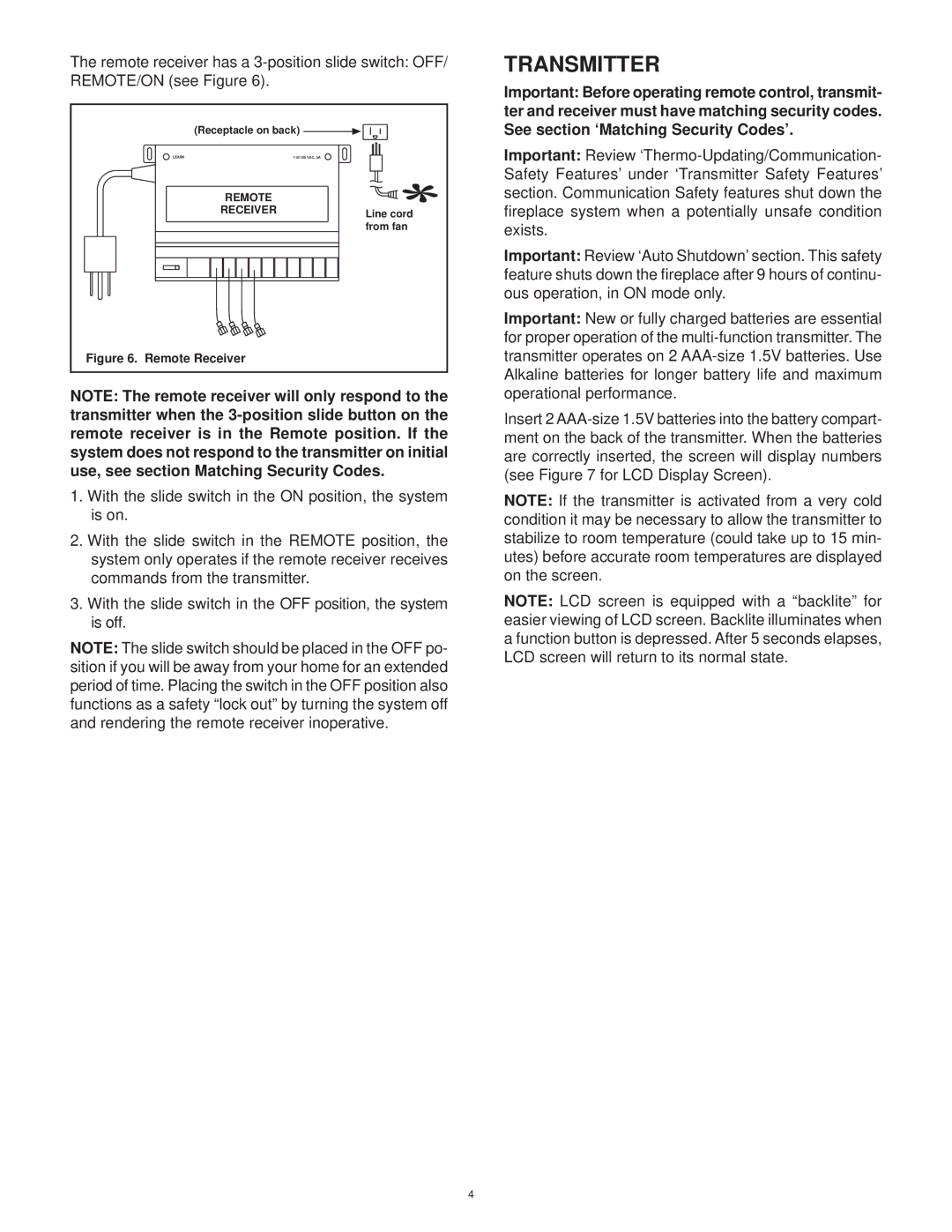 Hearth and Home Technologies RCT-MLT-II operating instructions Transmitter, Remote Receiver 