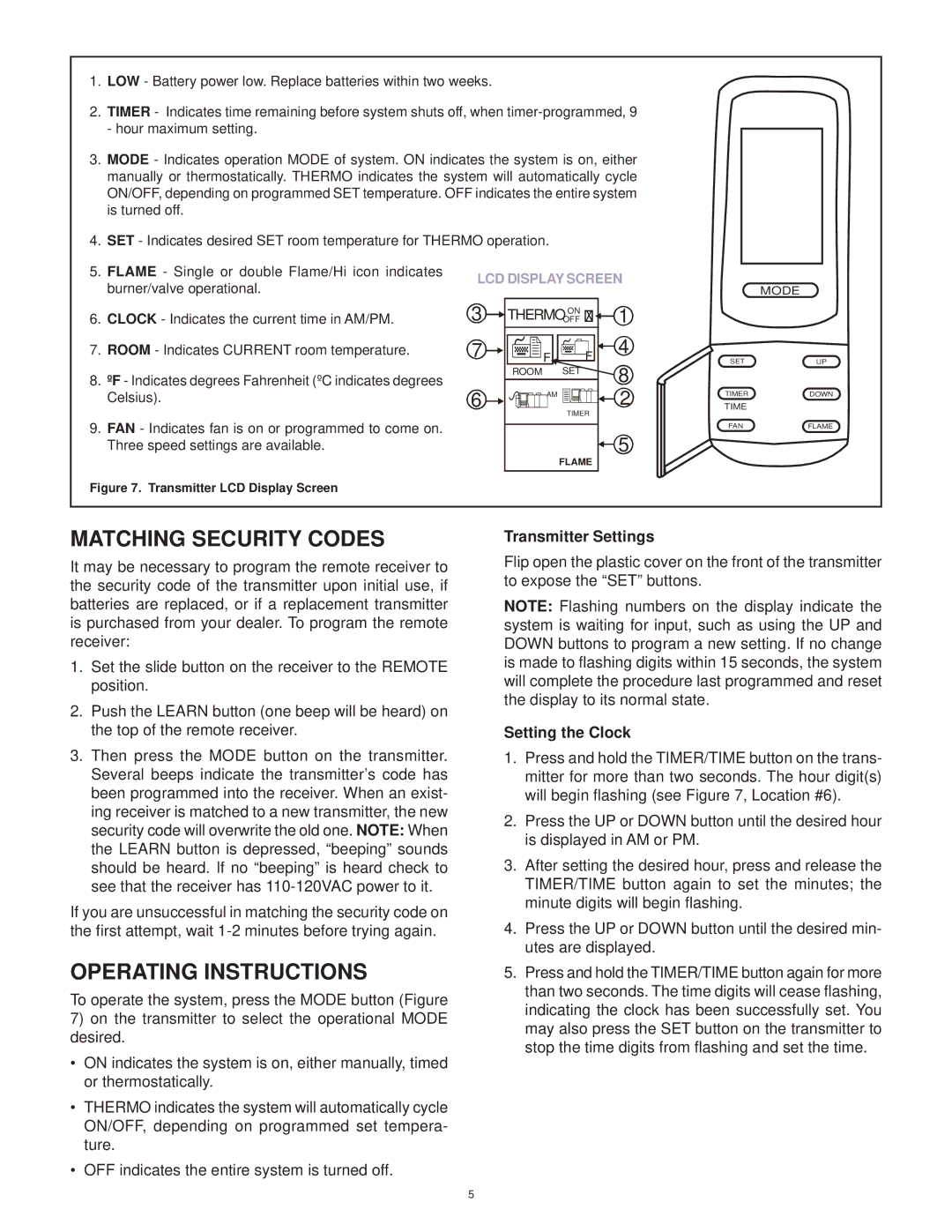 Hearth and Home Technologies RCT-MLT-II Matching Security Codes, Operating Instructions, Transmitter Settings 