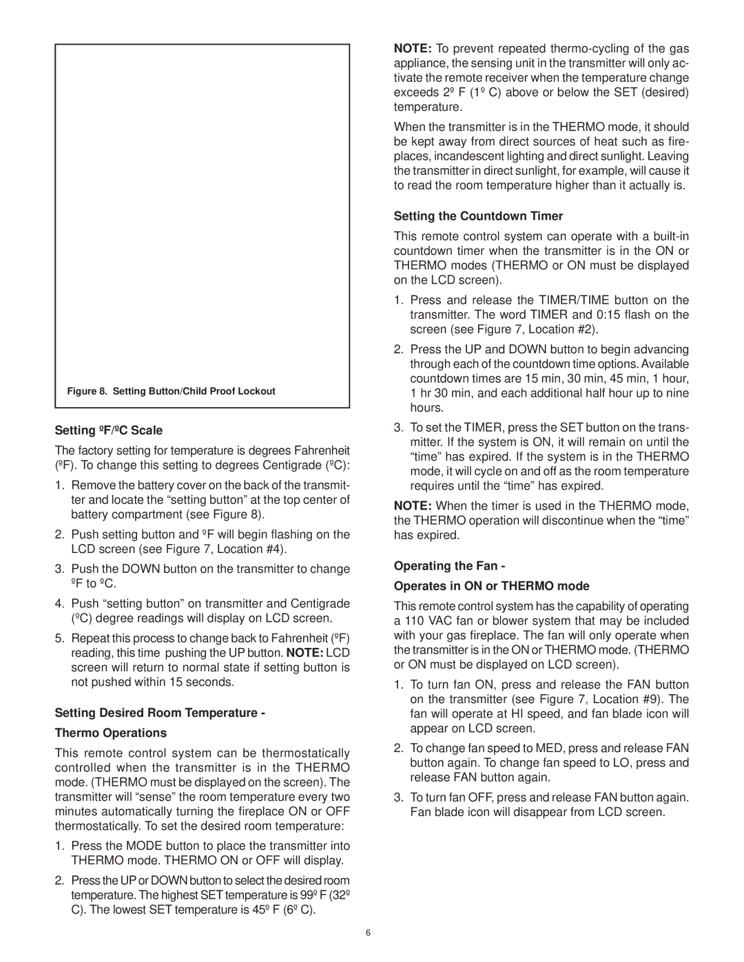 Hearth and Home Technologies RCT-MLT-II Setting ºF/ºC Scale, Setting Desired Room Temperature Thermo Operations 