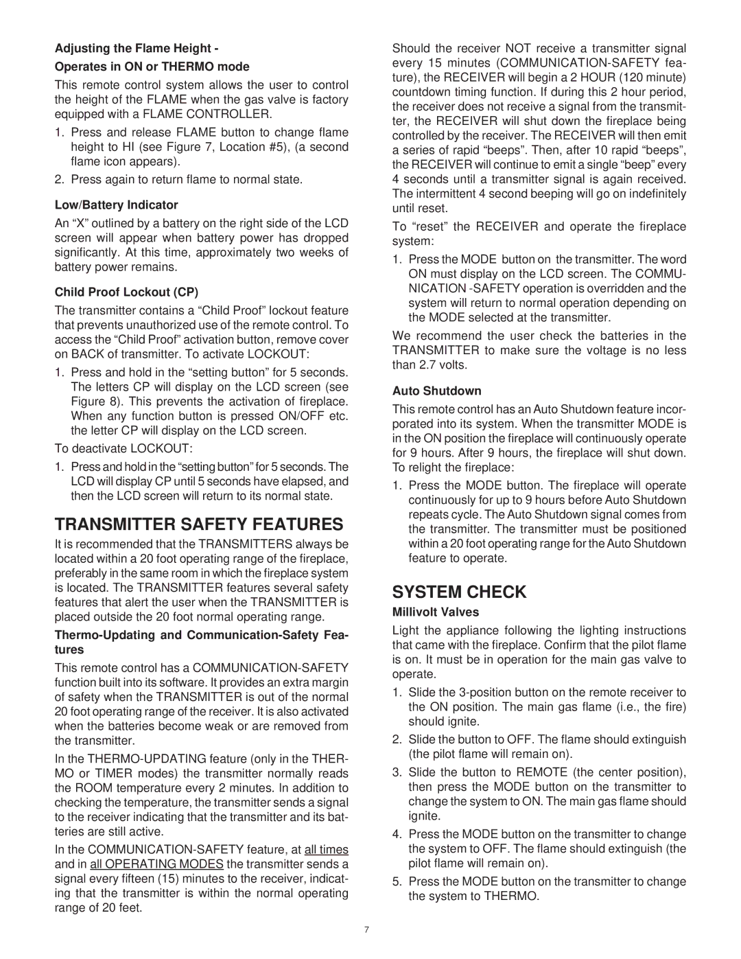 Hearth and Home Technologies RCT-MLT-II operating instructions Transmitter Safety Features, System Check 