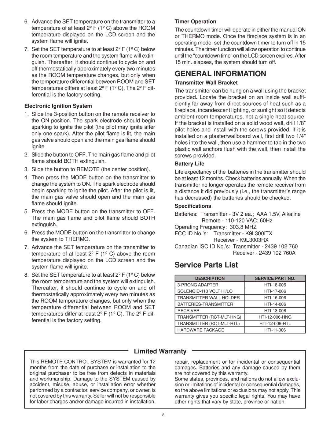 Hearth and Home Technologies RCT-MLT-II operating instructions General Information 