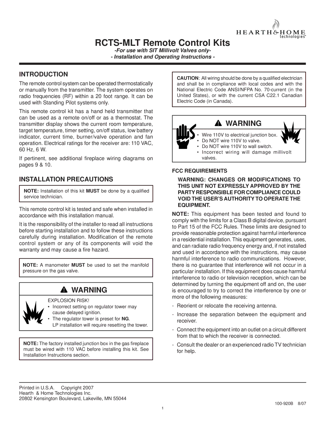 Hearth and Home Technologies operating instructions RCTS-MLT Remote Control Kits 