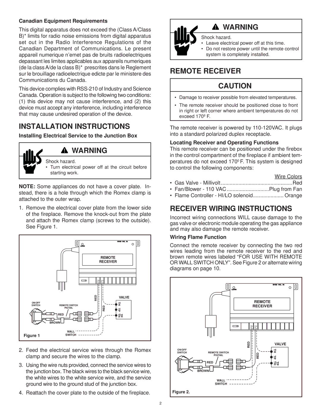 Hearth and Home Technologies RCTS-MLT Installation Instructions, Remote Receiver, Receiver Wiring Instructions 