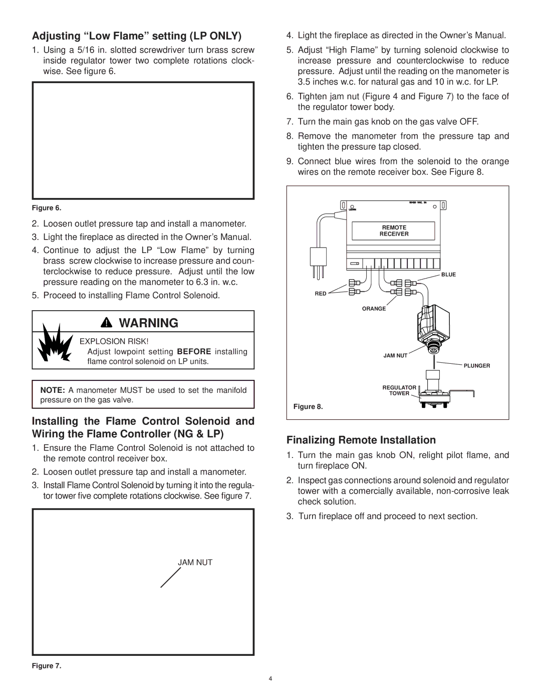 Hearth and Home Technologies RCTS-MLT Adjusting Low Flame setting LP only, Finalizing Remote Installation 