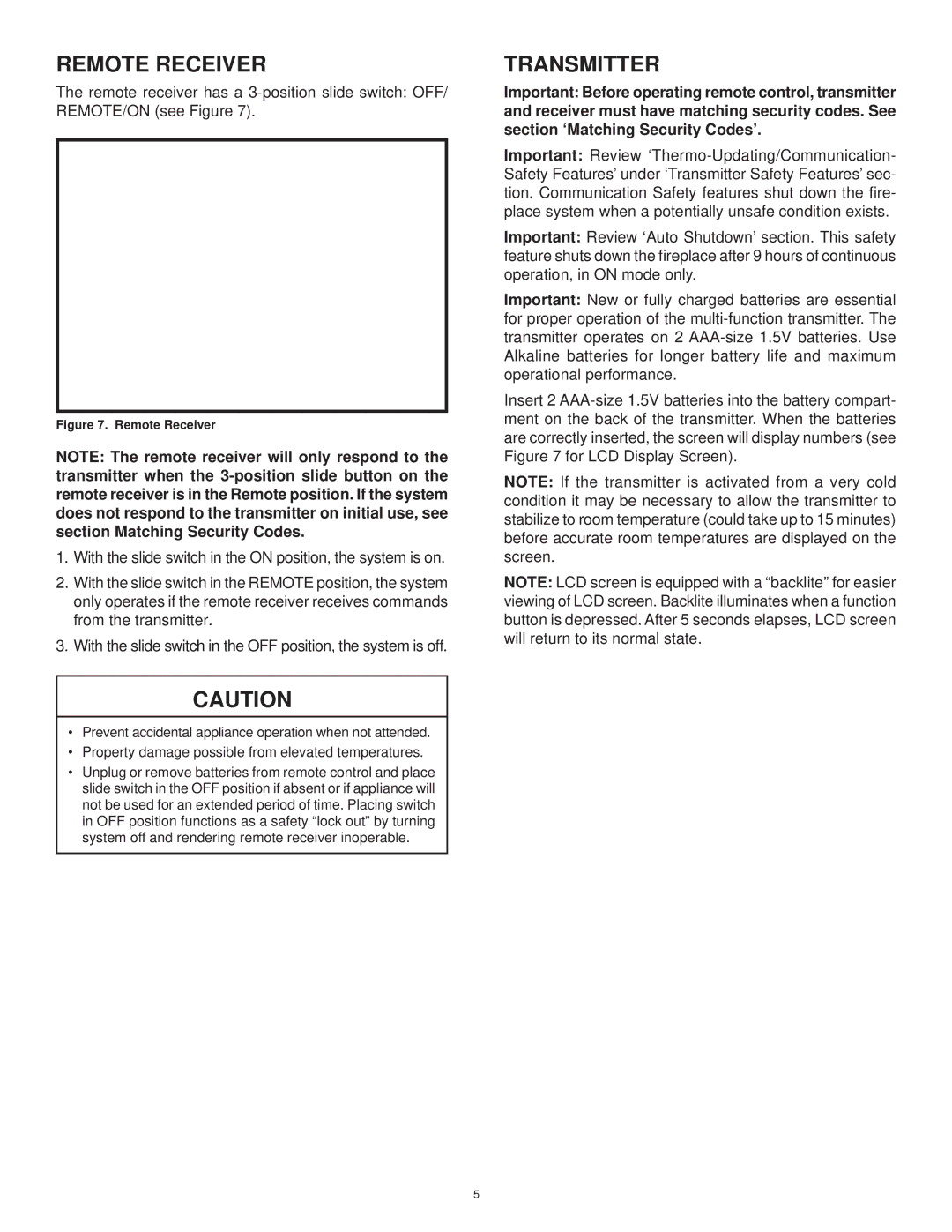 Hearth and Home Technologies RCTS-MLT operating instructions Transmitter, Remote Receiver 