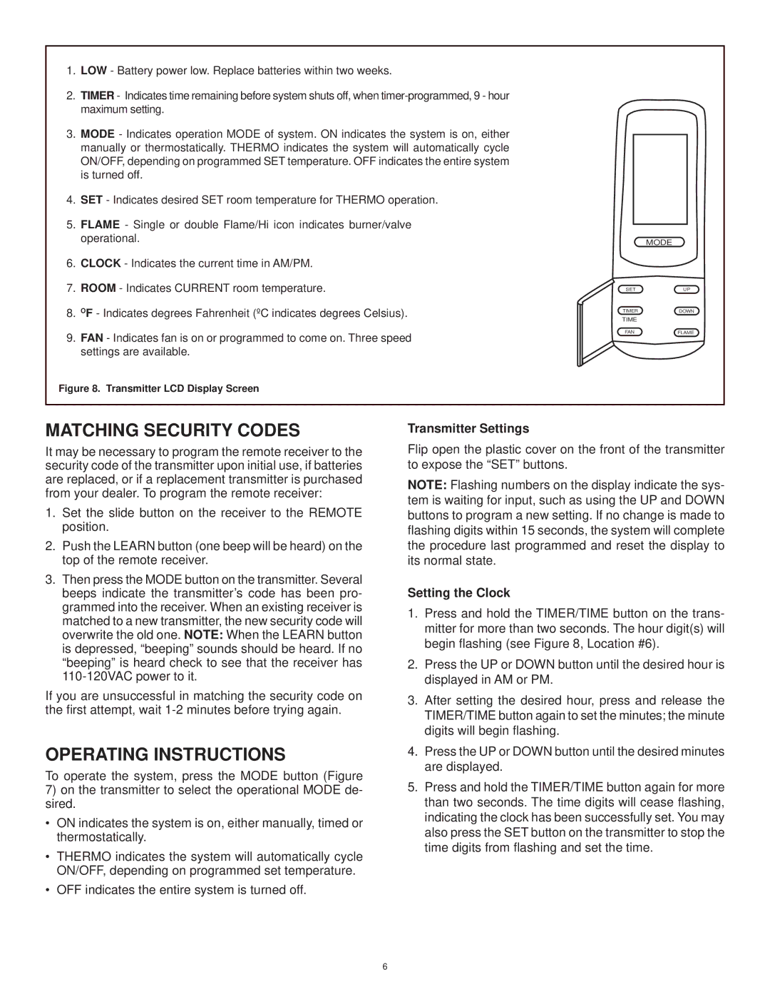 Hearth and Home Technologies RCTS-MLT Matching Security Codes, Operating Instructions, Transmitter Settings 