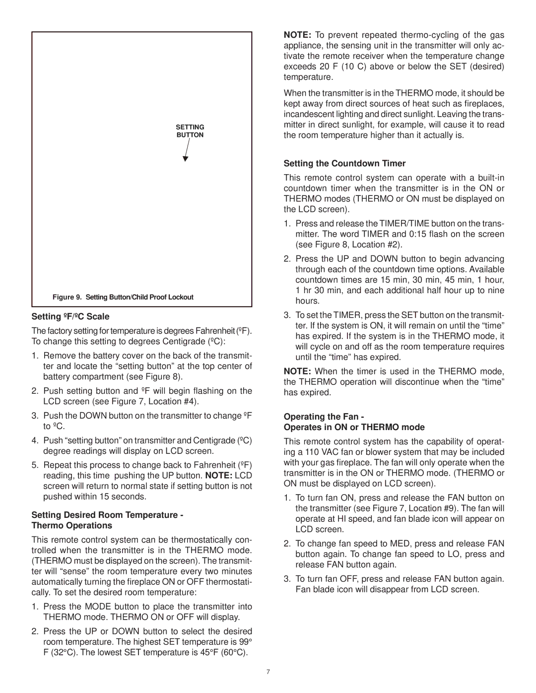 Hearth and Home Technologies RCTS-MLT Setting ºF/ºC Scale, Setting Desired Room Temperature Thermo Operations 