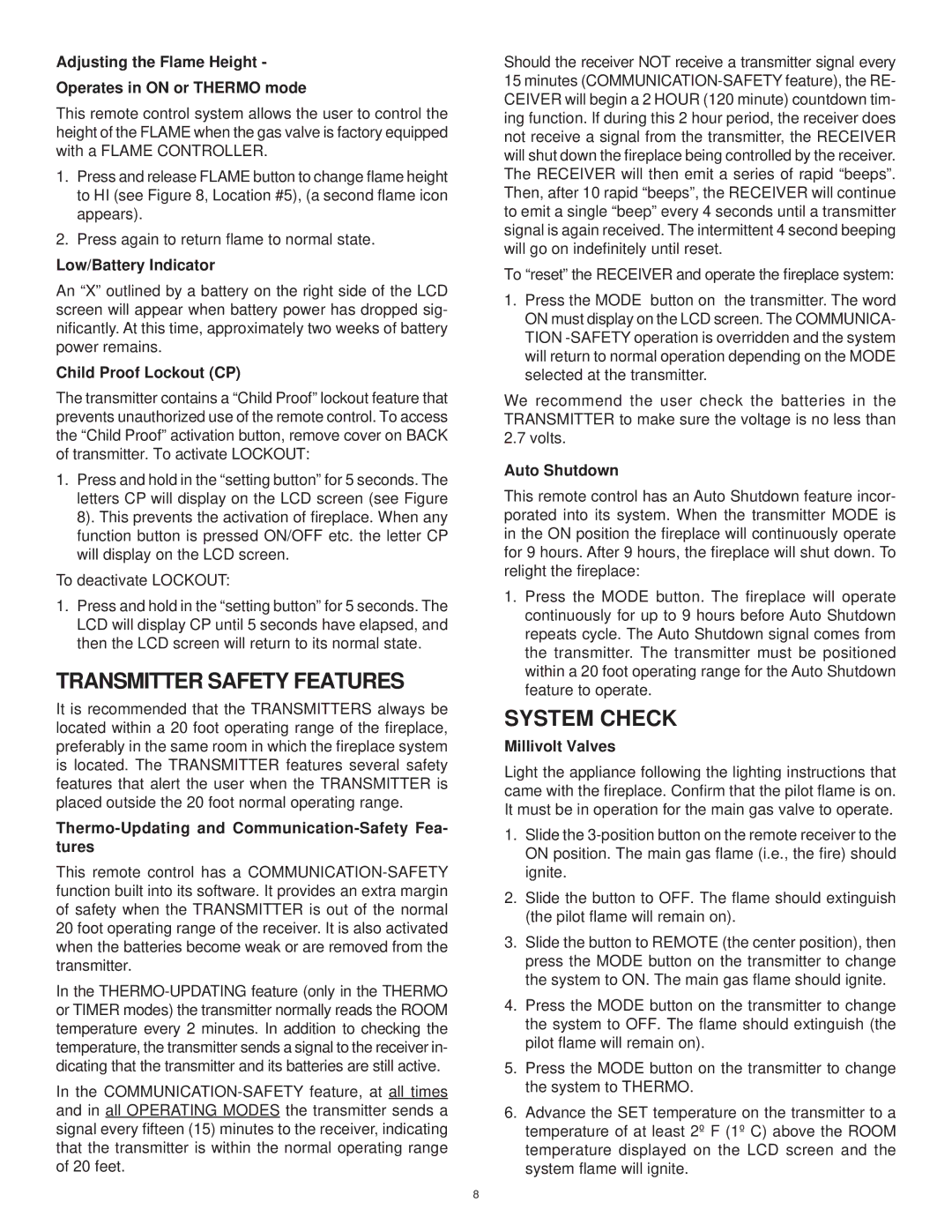 Hearth and Home Technologies RCTS-MLT operating instructions Transmitter Safety Features, System Check 