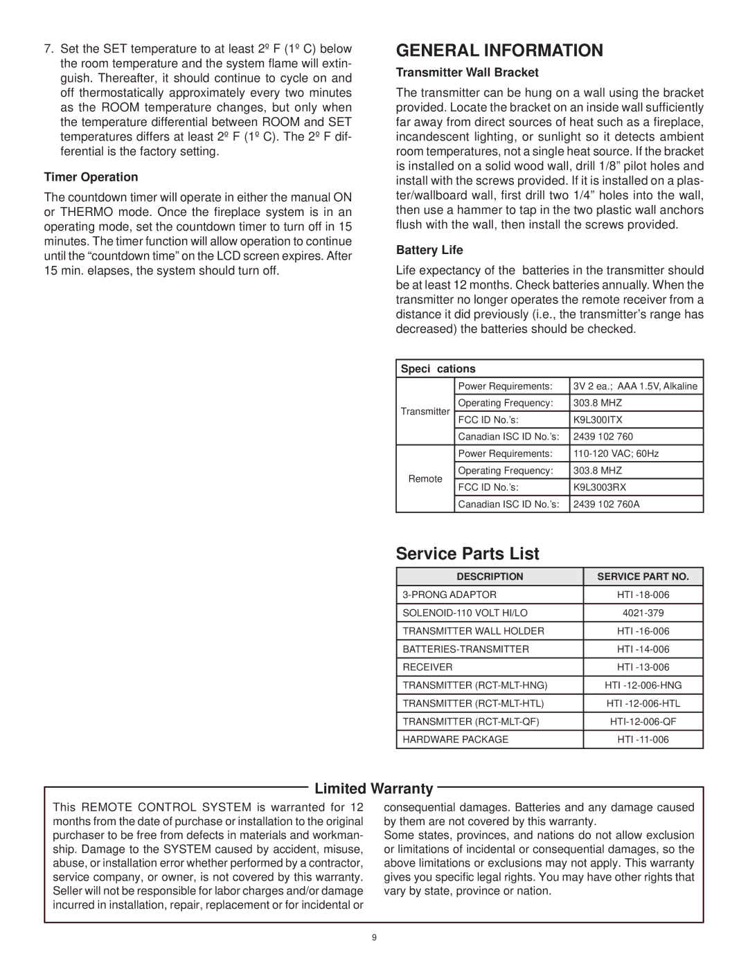 Hearth and Home Technologies RCTS-MLT General Information, Limited Warranty, Timer Operation, Transmitter Wall Bracket 