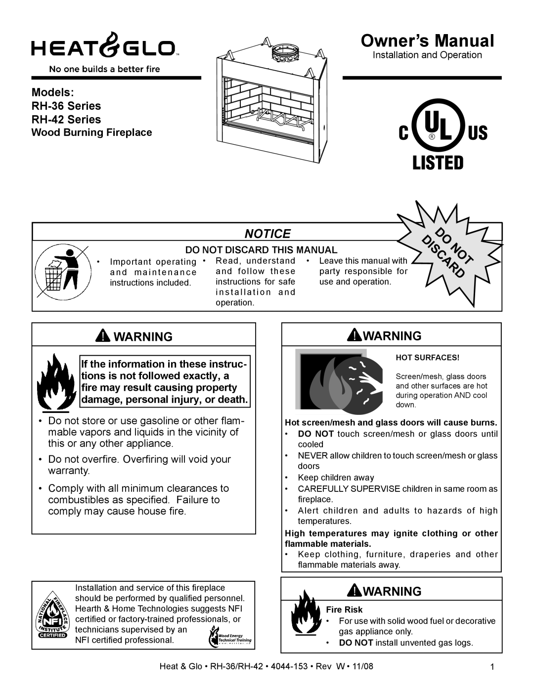 Hearth and Home Technologies RH-36 Series owner manual Wood Burning Fireplace, Operation, Fire Risk 