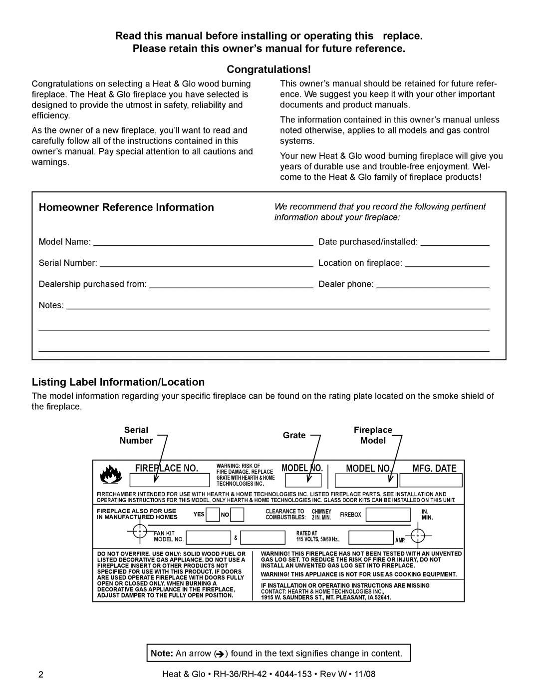 Hearth and Home Technologies RH-36 Series owner manual Listing Label Information/Location, Grate, Number 