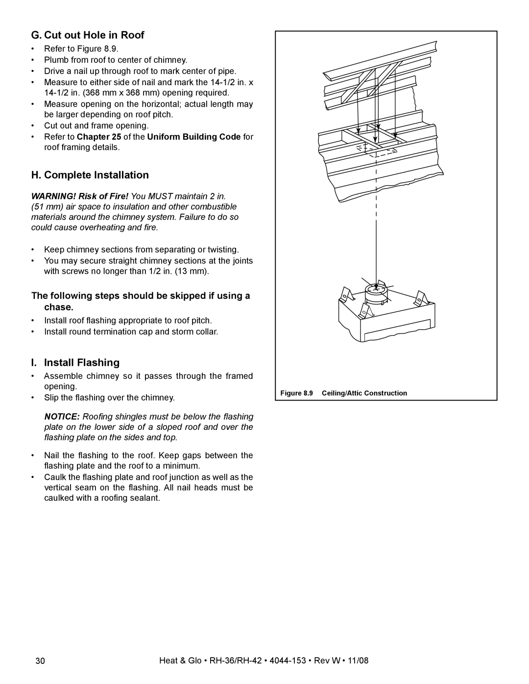 Hearth and Home Technologies RH-36 Series owner manual Cut out Hole in Roof, Complete Installation, Install Flashing 