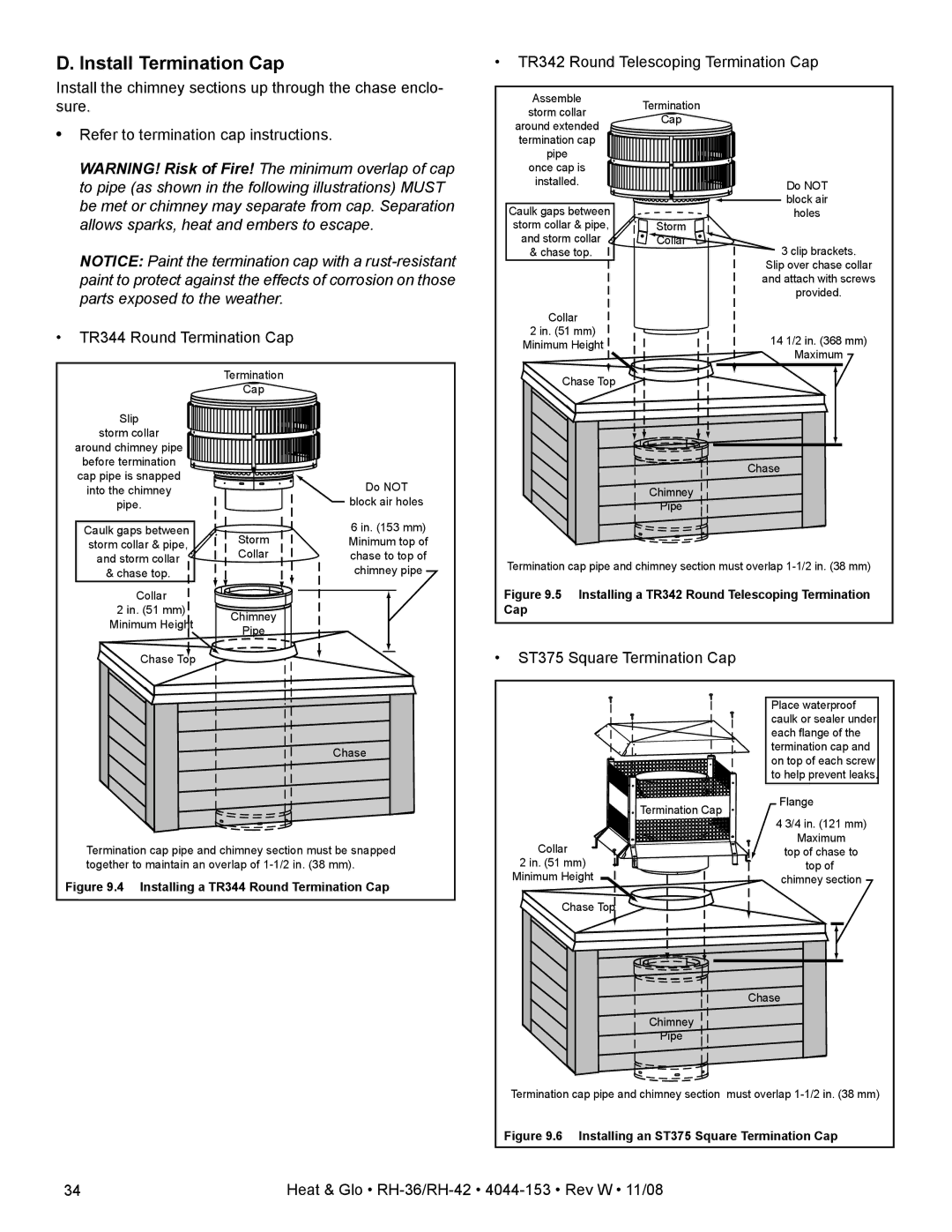 Hearth and Home Technologies RH-36 Series owner manual Install Termination Cap, ST375 Square Termination Cap 