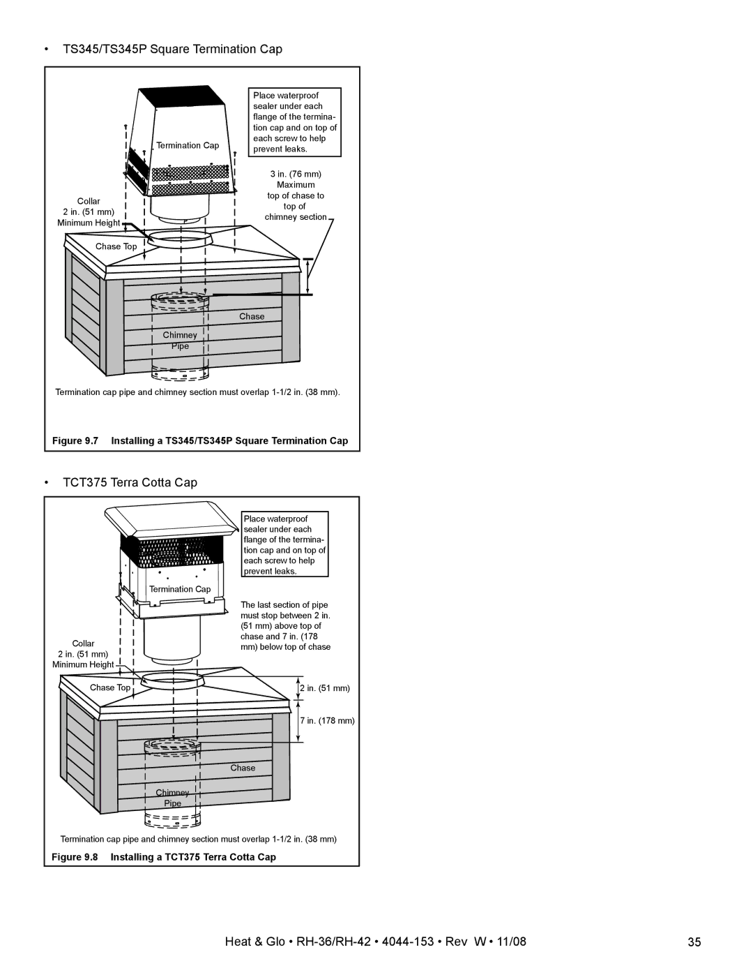 Hearth and Home Technologies RH-36 Series owner manual TS345/TS345P Square Termination Cap, TCT375 Terra Cotta Cap 