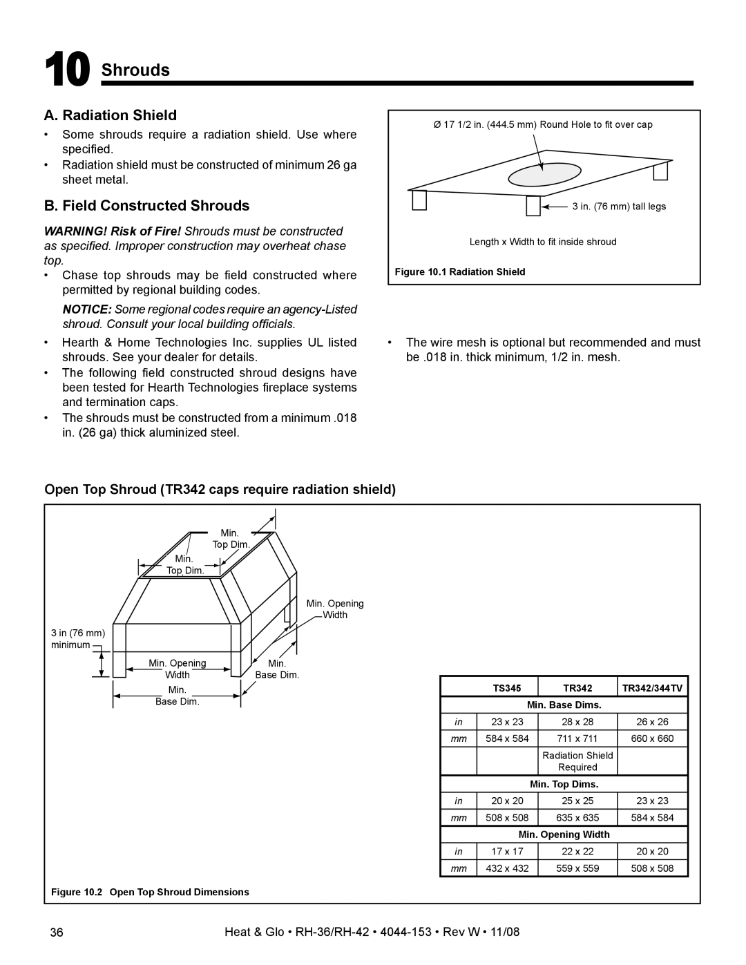 Hearth and Home Technologies RH-36 Series owner manual Radiation Shield, Field Constructed Shrouds 