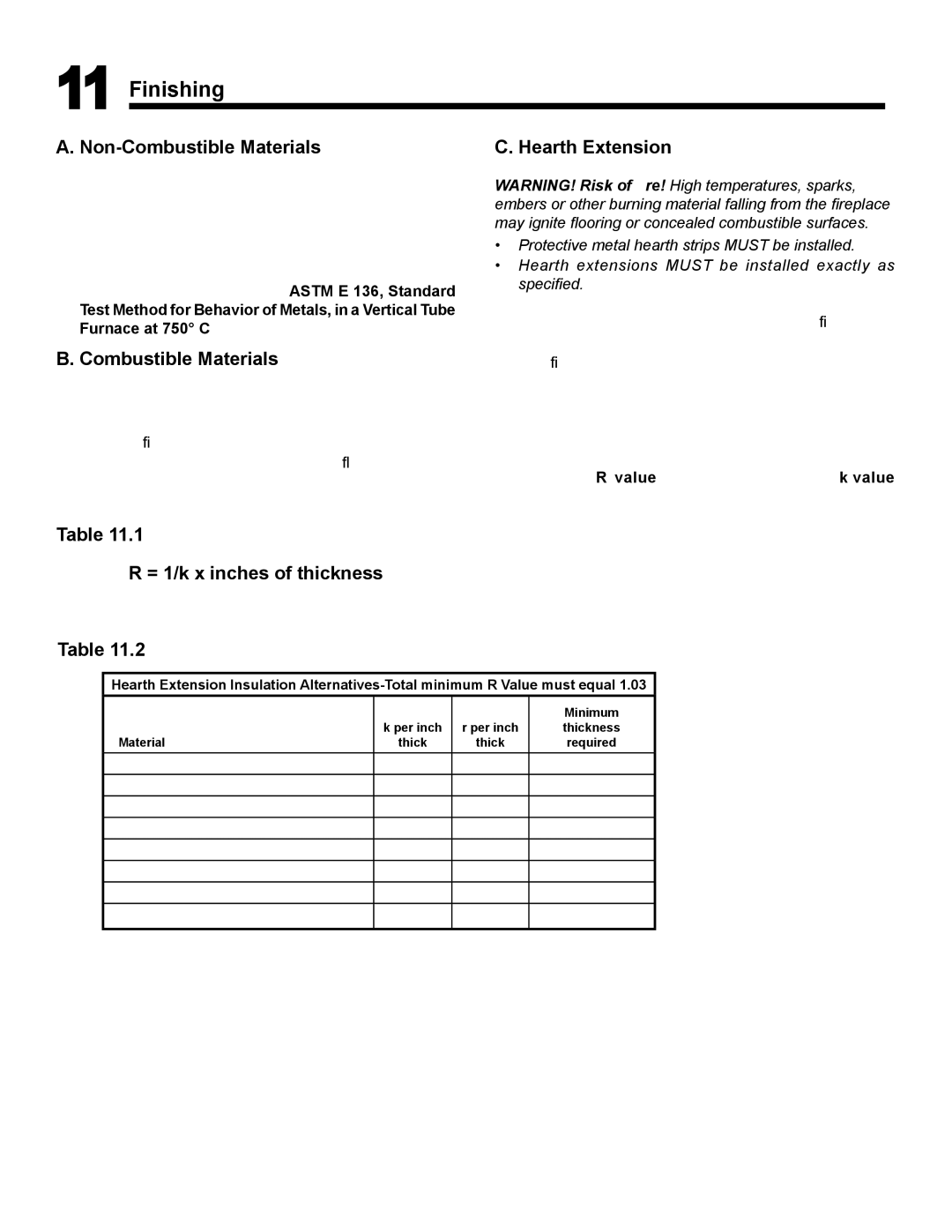 Hearth and Home Technologies RH-36 Series owner manual Finishing, Hearth Extension, = 1/k x inches of thickness 