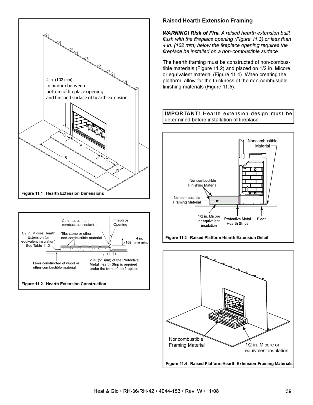 Hearth and Home Technologies RH-36 Series owner manual Raised Hearth Extension Framing, Minimum between 