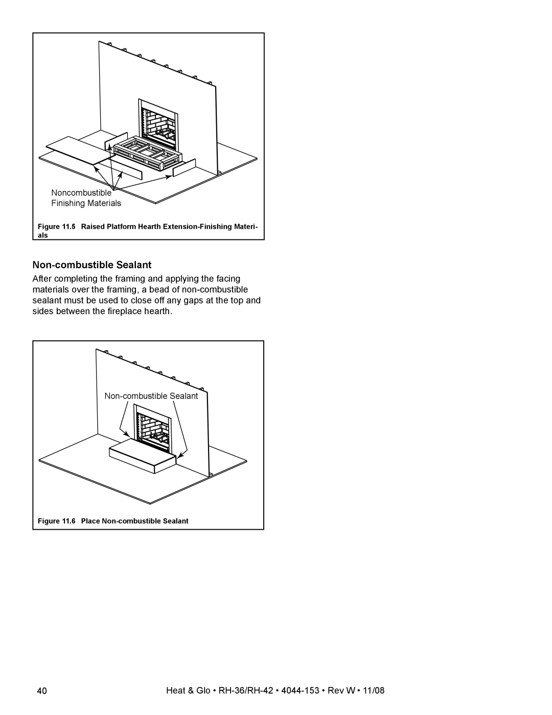 Hearth and Home Technologies RH-36 Series owner manual Non-combustible Sealant, Noncombustible Finishing Materials 