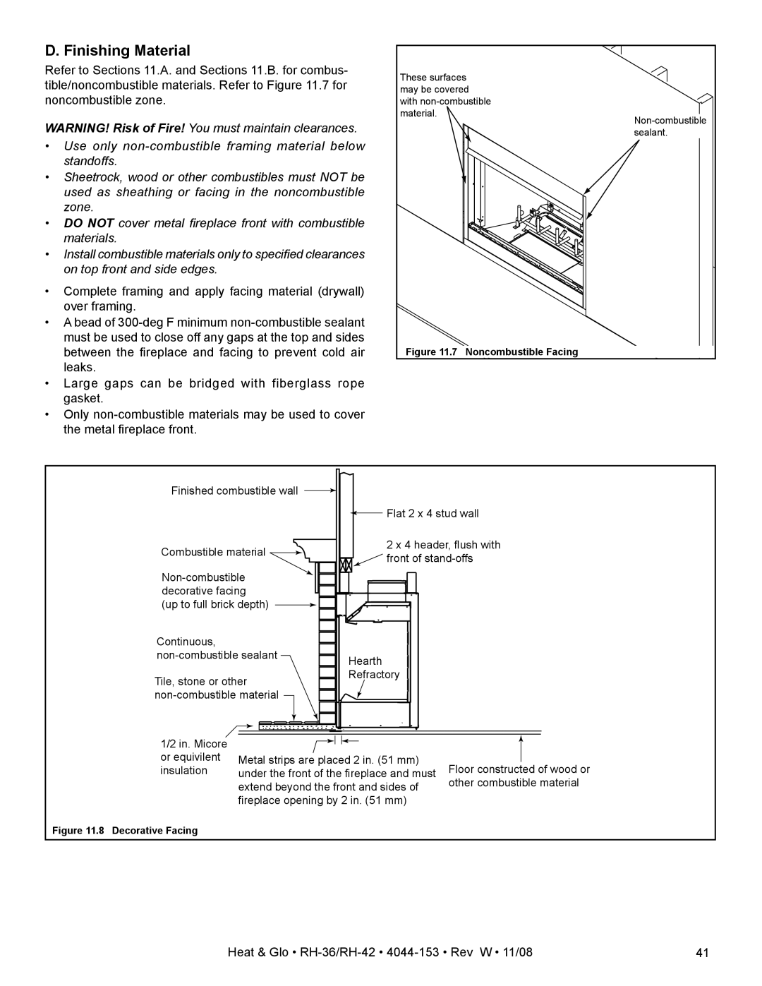 Hearth and Home Technologies RH-36 Series owner manual Finishing Material, In. Micore or equivilent insulation 