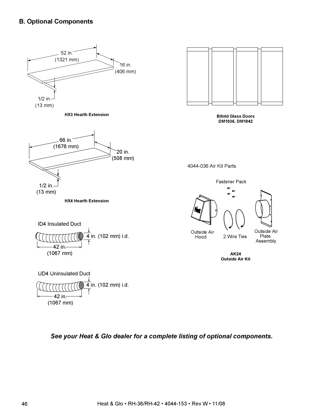 Hearth and Home Technologies RH-36 Series owner manual 1321 mm 406 mm, 1676 mm 508 mm 13 mm, Air Kit Parts 