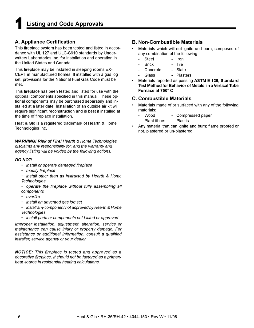 Hearth and Home Technologies RH-36 Series Listing and Code Approvals, Appliance Certiﬁcation, Non-Combustible Materials 