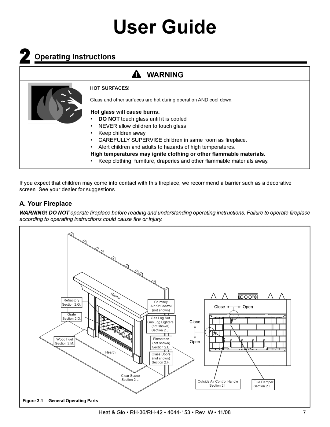 Hearth and Home Technologies RH-36 Series owner manual Operating Instructions, Your Fireplace, Hot glass will cause burns 