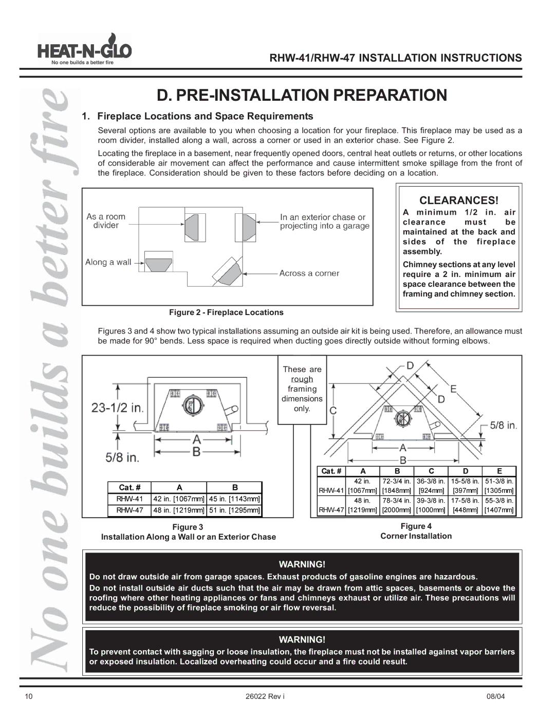 Hearth and Home Technologies RHW-47, RHW-41 PRE-INSTALLATION Preparation, Fireplace Locations and Space Requirements 