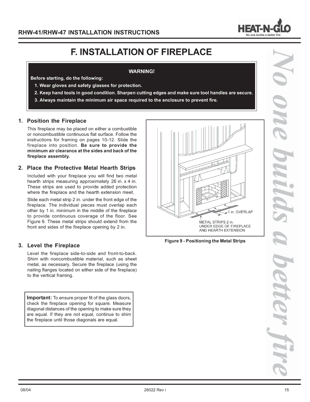 Hearth and Home Technologies RHW-41, RHW-47 Installation of Fireplace, Position the Fireplace, Level the Fireplace 