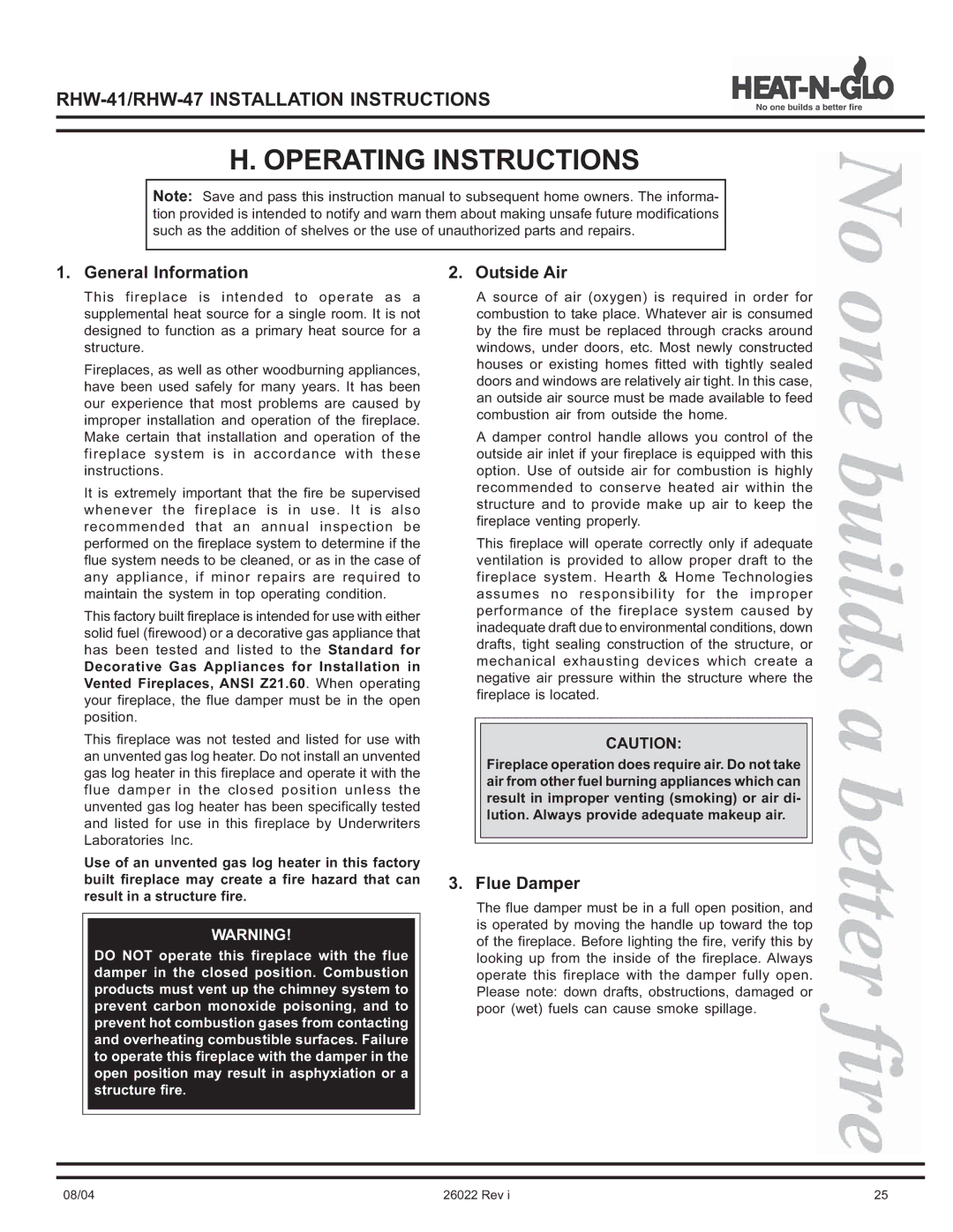 Hearth and Home Technologies RHW-41, RHW-47 Operating Instructions, General Information Outside Air, Flue Damper 