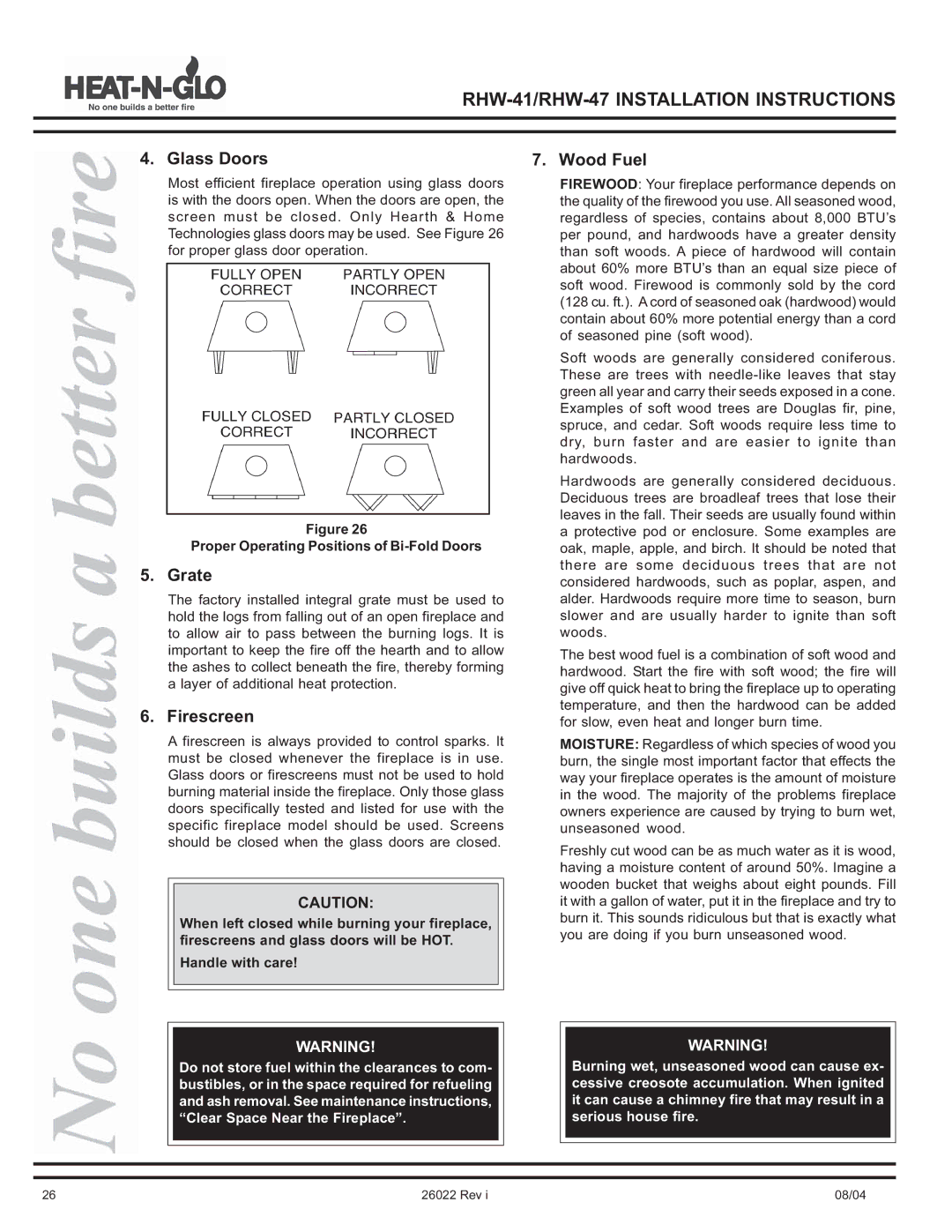 Hearth and Home Technologies RHW-47, RHW-41 operating instructions Grate, Firescreen, Wood Fuel 