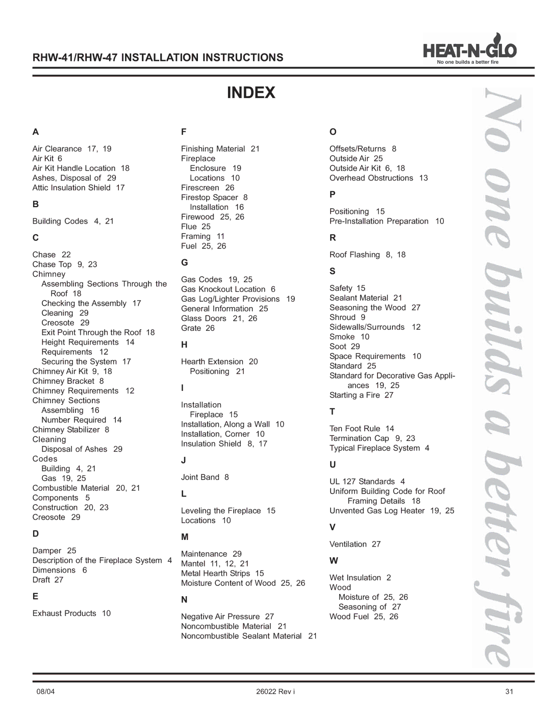 Hearth and Home Technologies RHW-41, RHW-47 operating instructions Index 