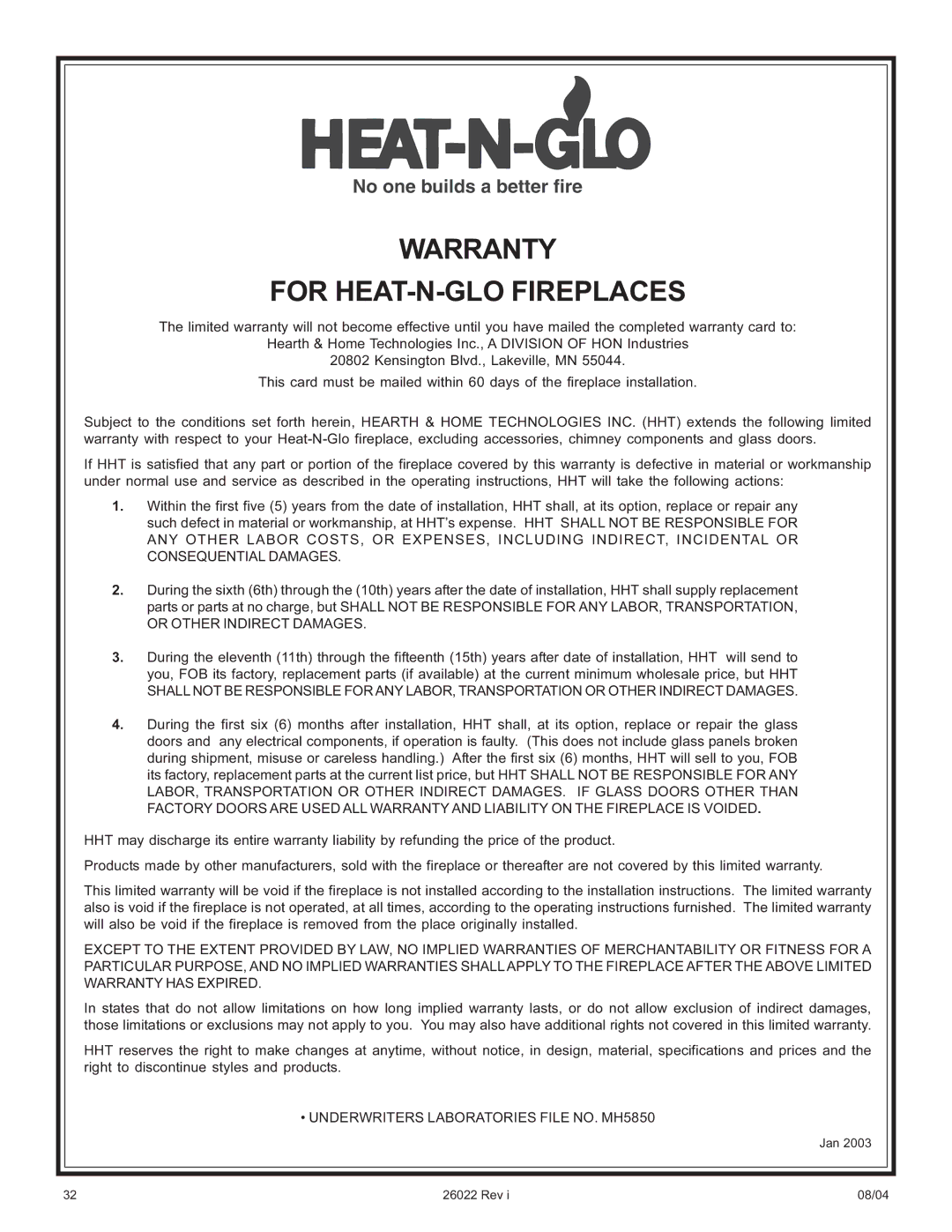 Hearth and Home Technologies RHW-47, RHW-41 operating instructions Warranty For HEAT-N-GLO Fireplaces 