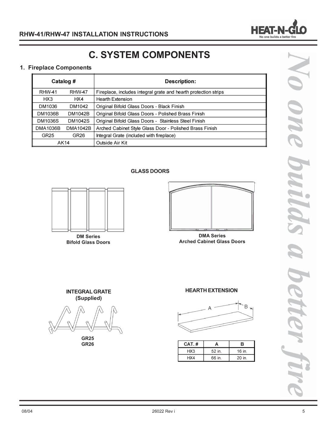 Hearth and Home Technologies RHW-41, RHW-47 operating instructions System Components, Fireplace Components 