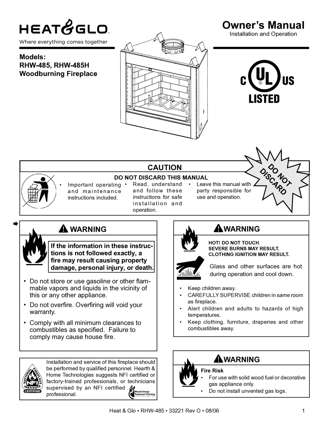 Hearth and Home Technologies owner manual Models RHW-485, RHW-485H Woodburning Fireplace, Fire Risk 