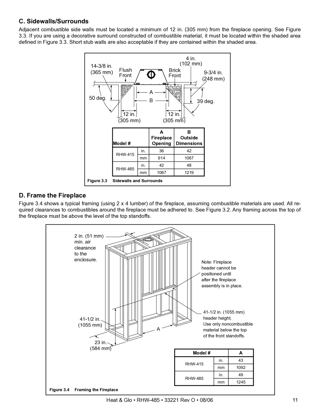 Hearth and Home Technologies RHW-485H owner manual Sidewalls/Surrounds, Frame the Fireplace 