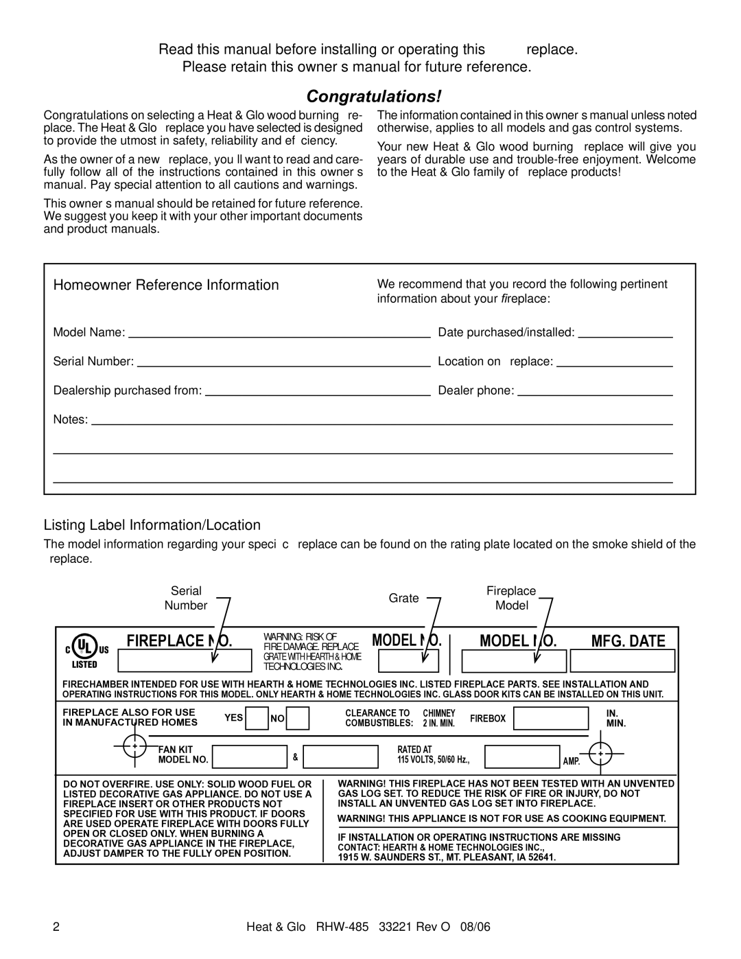 Hearth and Home Technologies RHW-485H owner manual Listing Label Information/Location, Grate, Number 