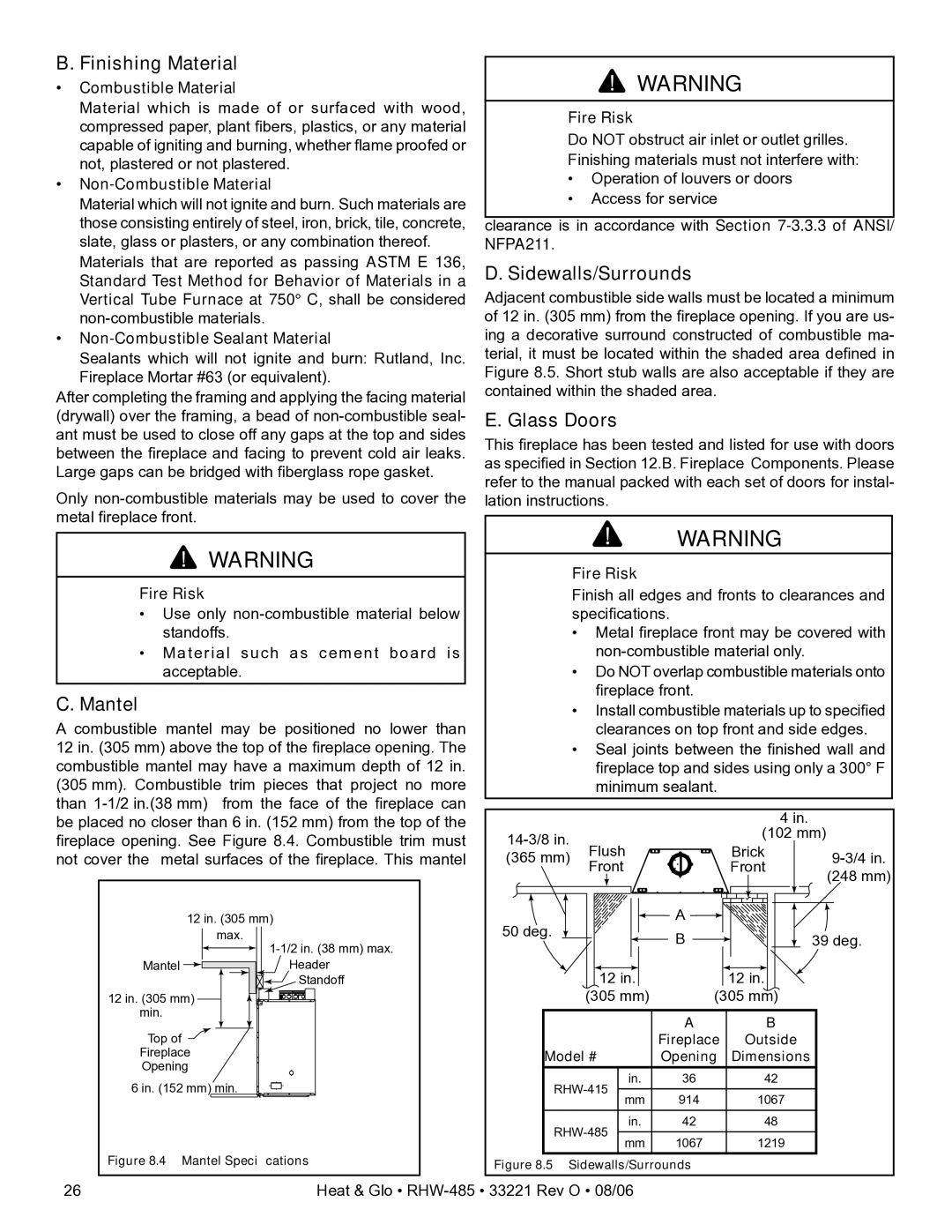 Hearth and Home Technologies RHW-485H owner manual Finishing Material, Mantel, Glass Doors, Combustible Material 