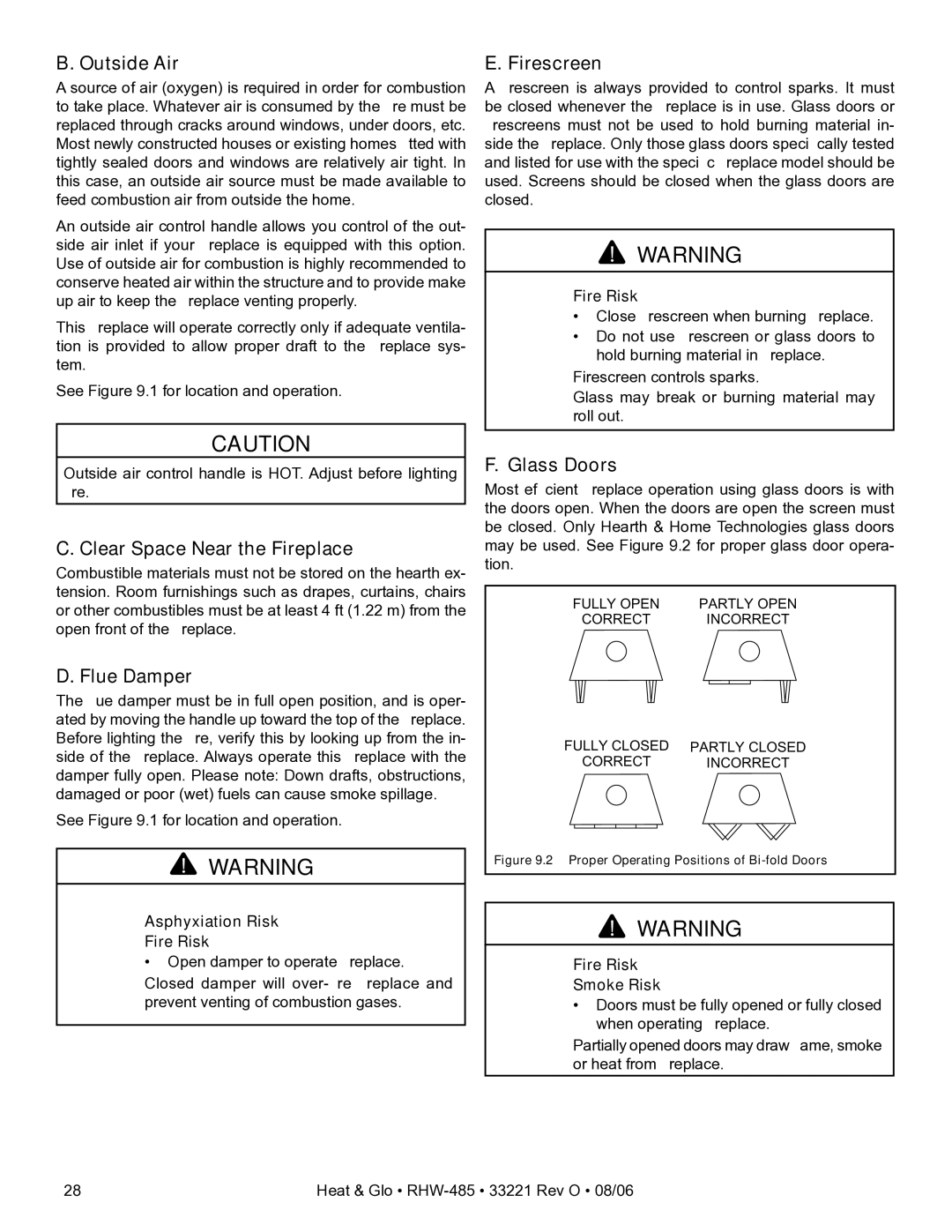 Hearth and Home Technologies RHW-485H owner manual Outside Air, Clear Space Near the Fireplace, Flue Damper, Firescreen 