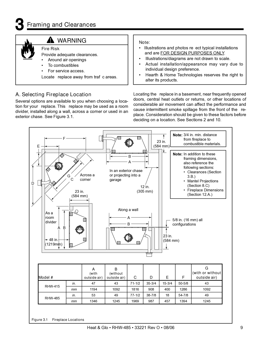 Hearth and Home Technologies RHW-485H owner manual Framing and Clearances, Selecting Fireplace Location 