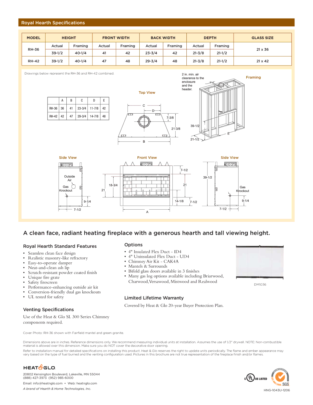 Hearth and Home Technologies manual Royal Hearth Specifications, Royal Hearth Standard Features, Venting Specifications 