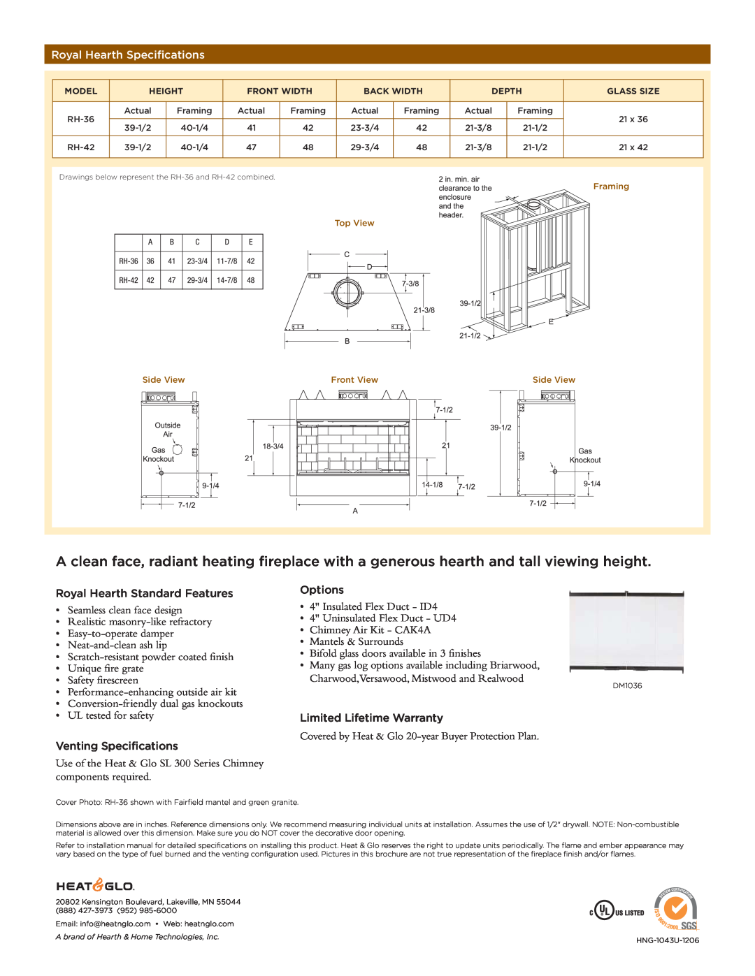 Hearth and Home Technologies manual Royal Hearth Specifications, Royal Hearth Standard Features, Venting Specifications 