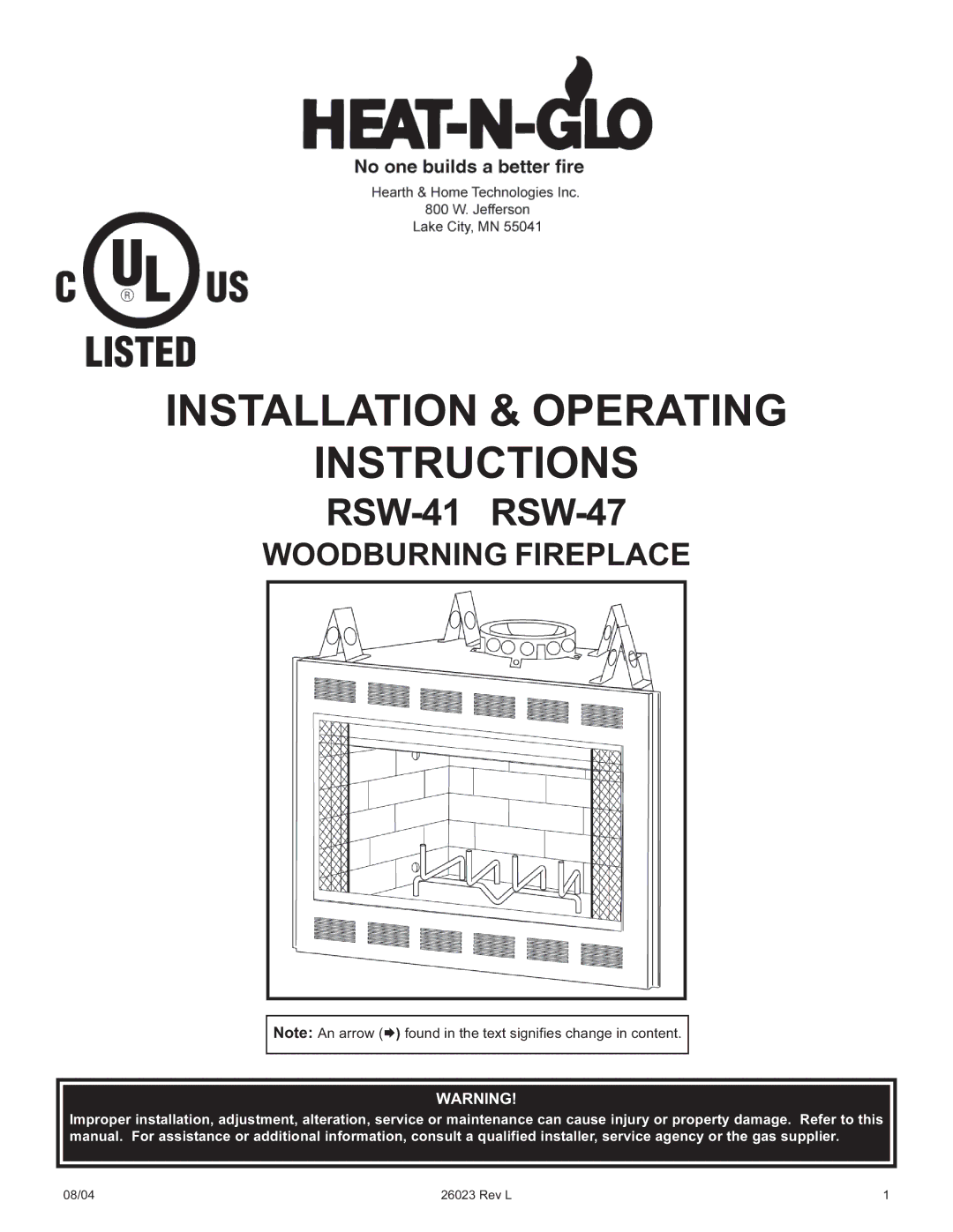 Hearth and Home Technologies RSW-47, RSW-41 manual Installation & Operating Instructions 