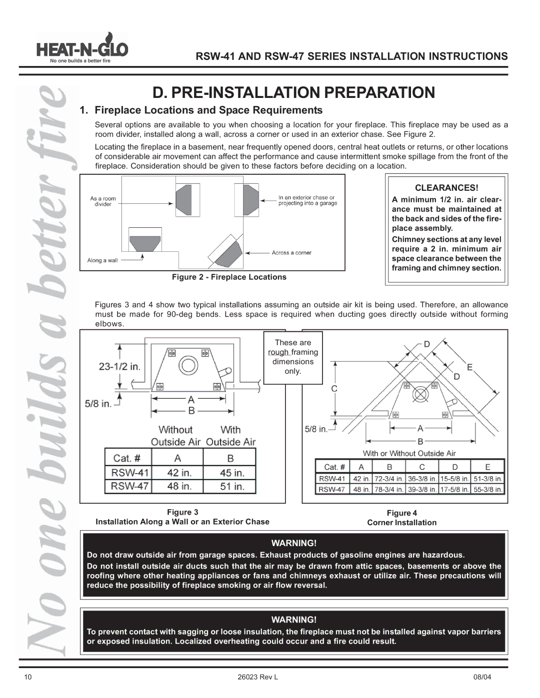 Hearth and Home Technologies RSW-41, RSW-47 manual PRE-INSTALLATION Preparation, Fireplace Locations and Space Requirements 