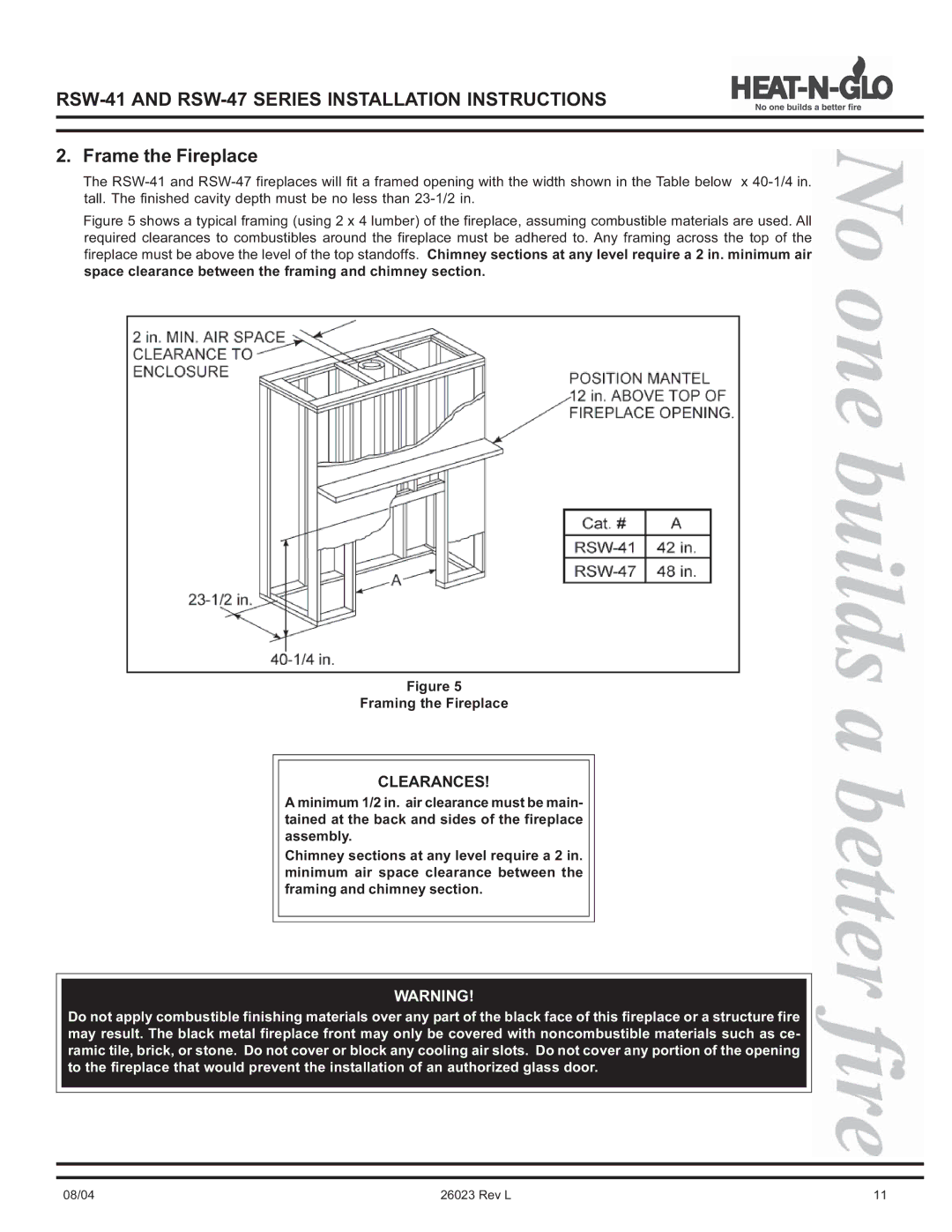 Hearth and Home Technologies RSW-47, RSW-41 manual Frame the Fireplace 