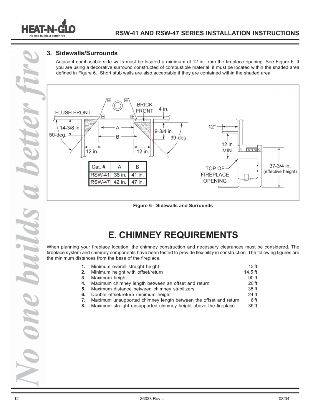 Hearth and Home Technologies RSW-41, RSW-47 manual Chimney Requirements, Sidewalls/Surrounds 