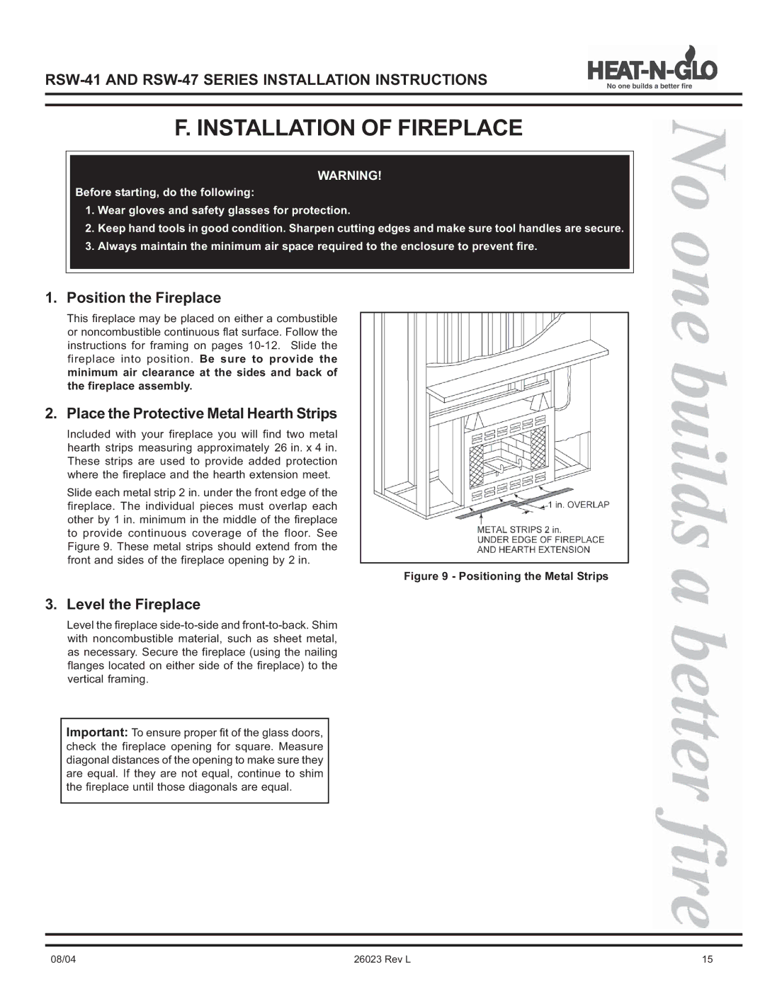 Hearth and Home Technologies RSW-47, RSW-41 manual Installation of Fireplace, Position the Fireplace, Level the Fireplace 