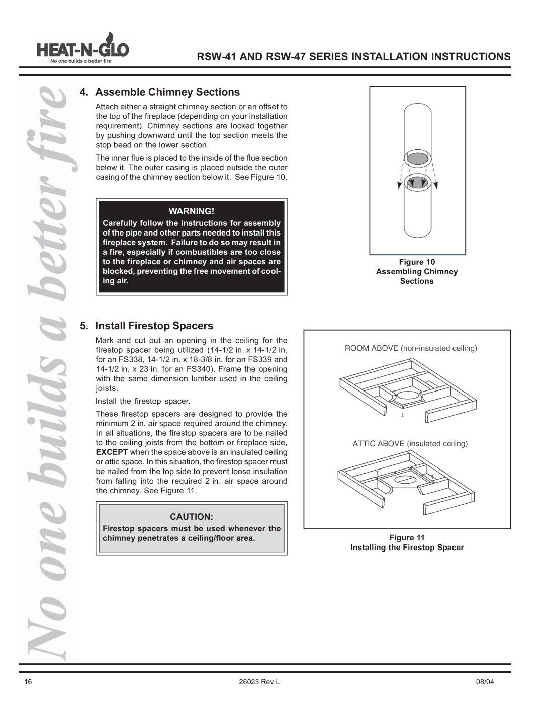 Hearth and Home Technologies RSW-41, RSW-47 manual Assemble Chimney Sections, Install Firestop Spacers 