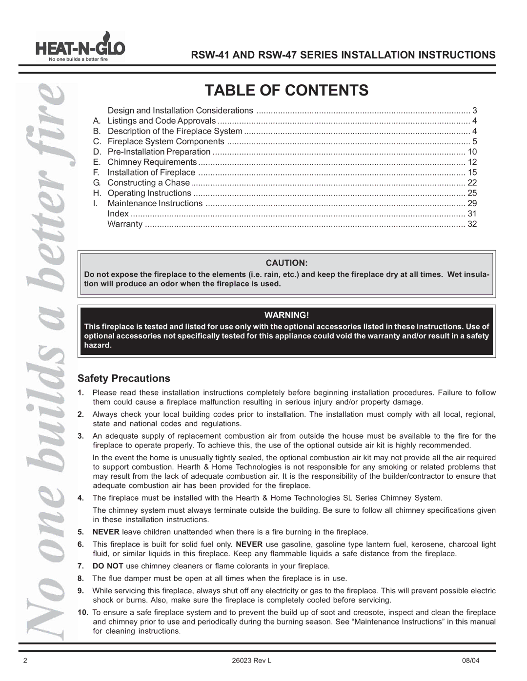 Hearth and Home Technologies RSW-41, RSW-47 manual Table of Contents 