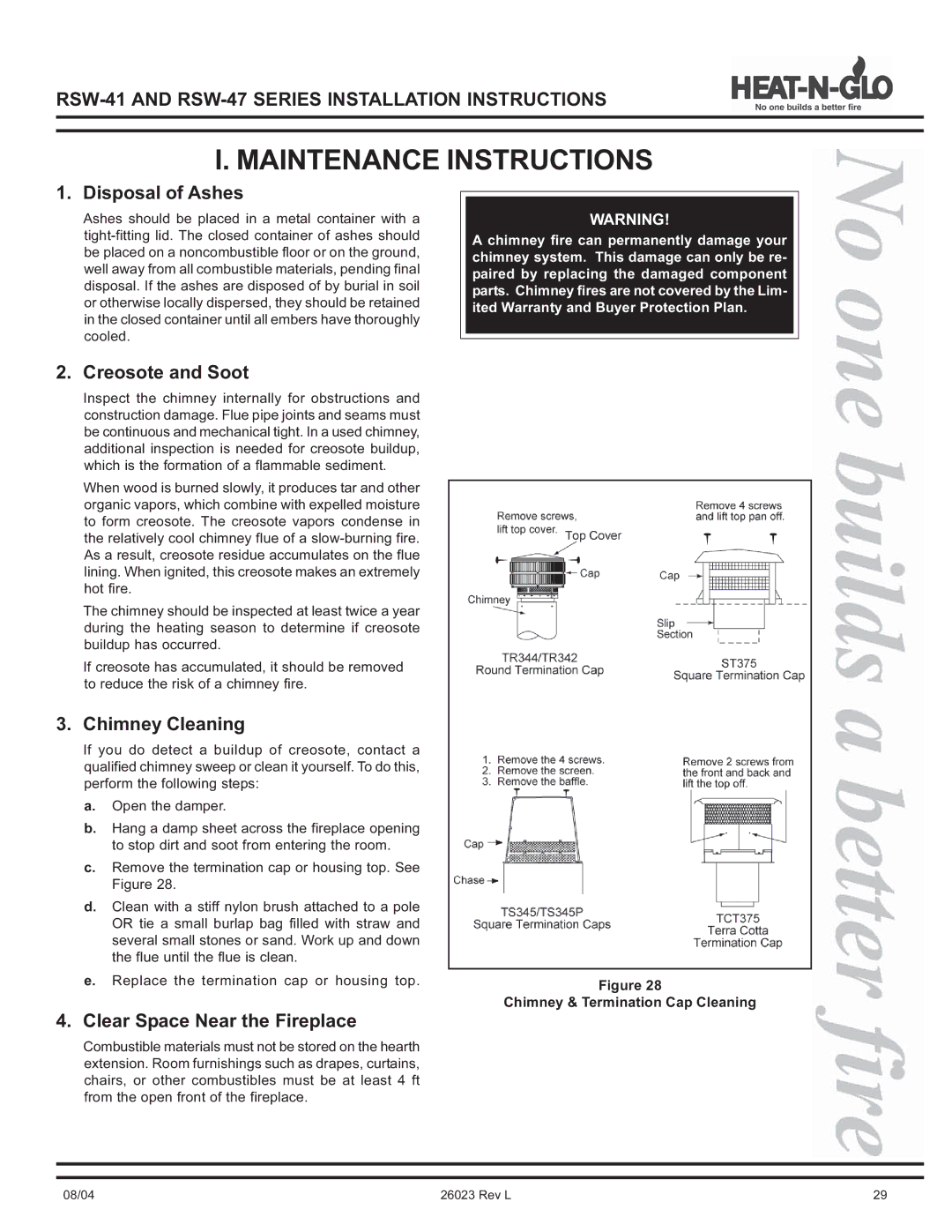 Hearth and Home Technologies RSW-47 manual Maintenance Instructions, Disposal of Ashes, Creosote and Soot, Chimney Cleaning 