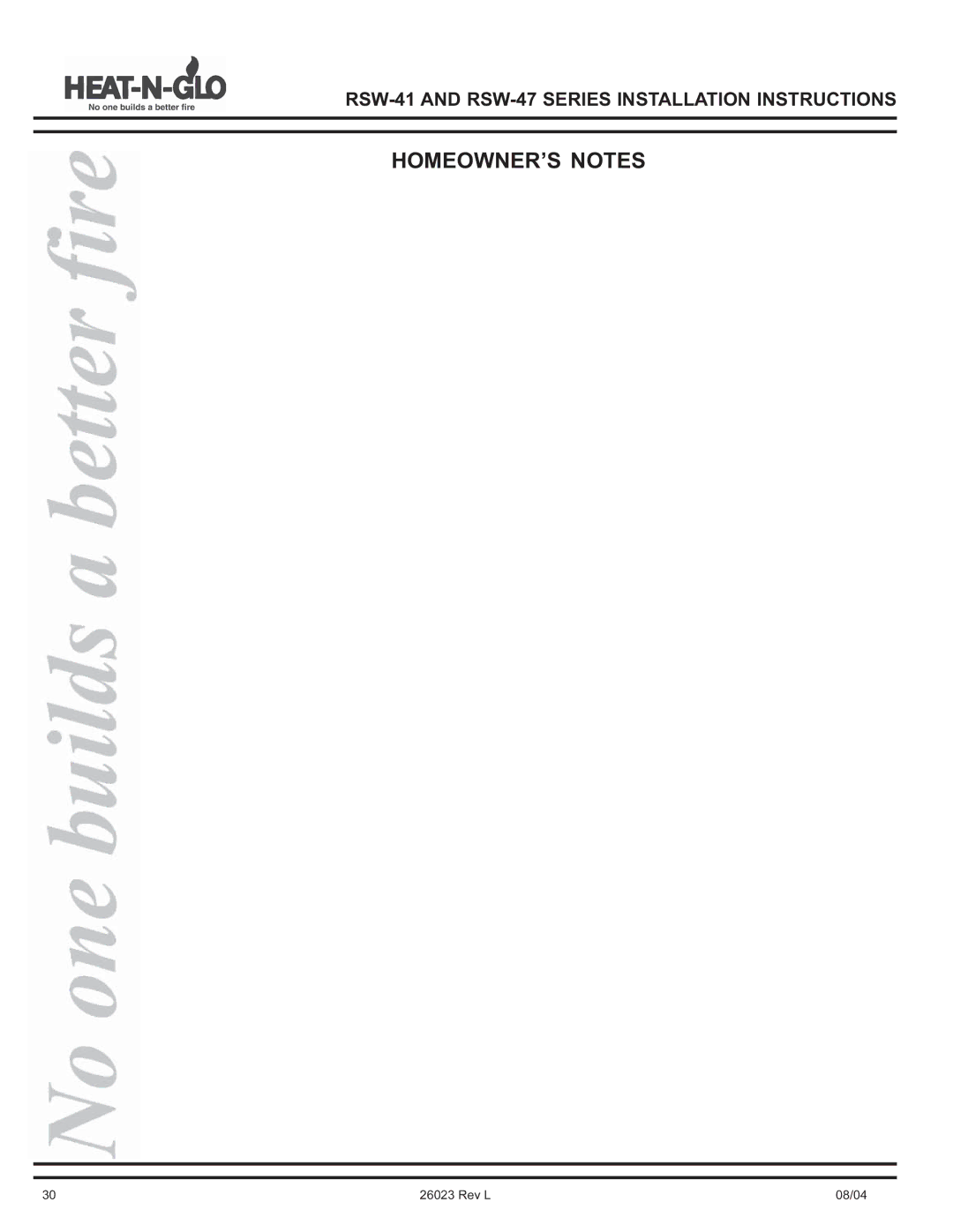 Hearth and Home Technologies RSW-41, RSW-47 manual HOMEOWNER’S Notes 
